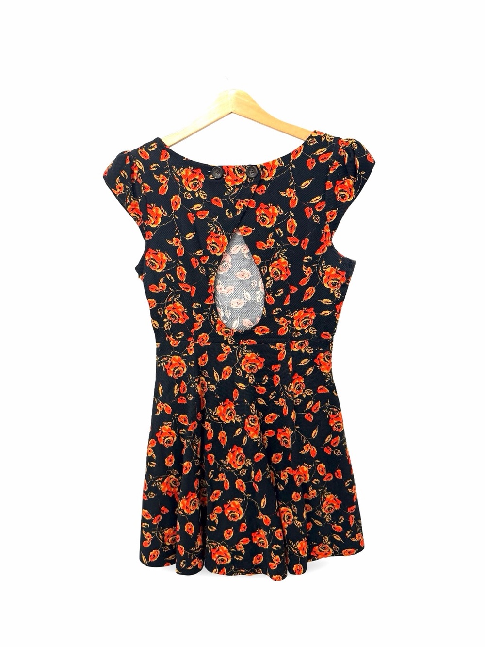 Louche Black Floral Mini Dress Size US 8 Cap Sleeve Red Rose Fit & Flare - Picture 4 of 5